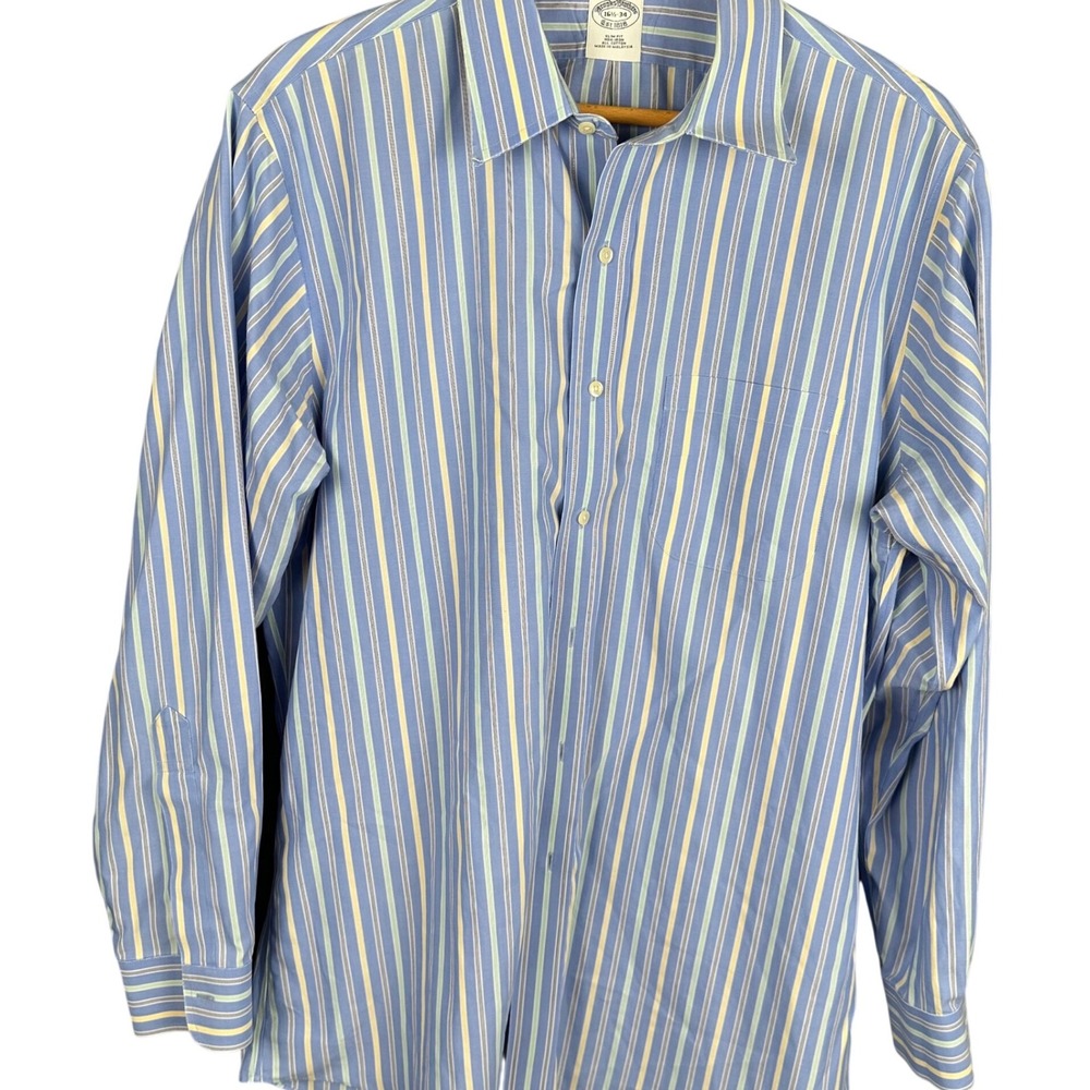 Brooks Brothers Slim Fit Non-Iron Cotton Striped Dress Shirt Blue Yellow 16.5-34
